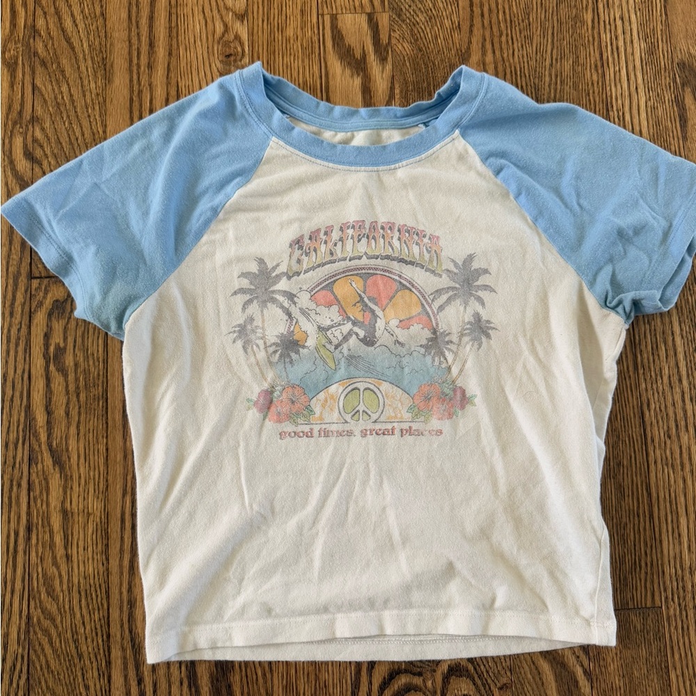 Hollister Blue and White Raglan Tee with Retro Graphic